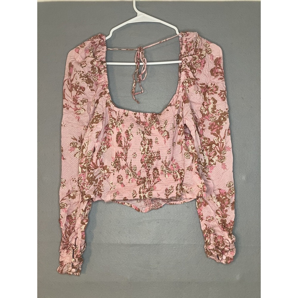 Free People Pink Floral Square Neck Blouse  Puff Sleeve Nwt Size XS Romance Boho - Picture 4 of 6